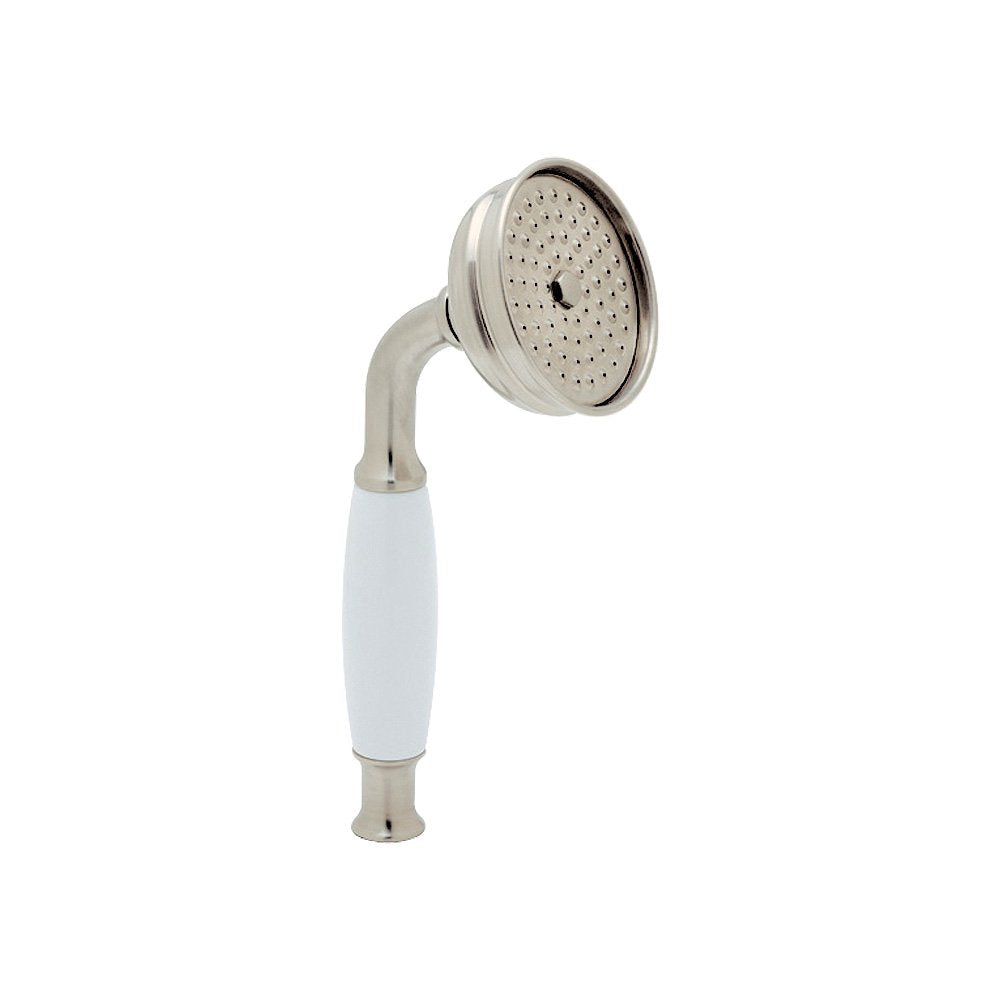 Polished nickel hand shower with white handle and perforated shower head on angled arm.