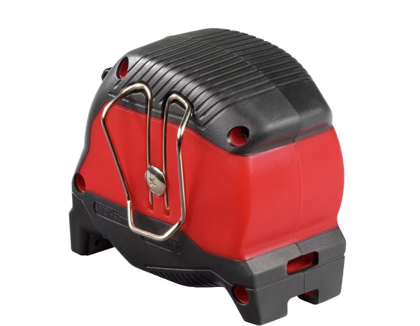 Red and black Milwaukee tape measure with magnetic back and metal belt clip hook.