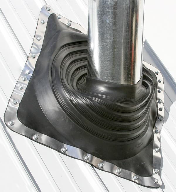 Black roof flashing with square metal base and pipe collar, bolted to white corrugated surface.