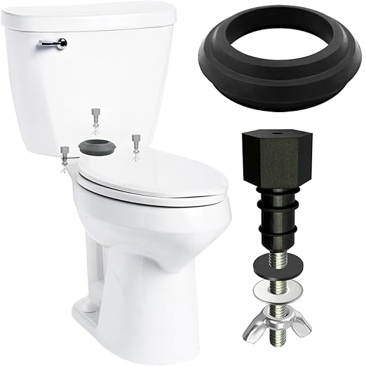 White Mansfield toilet with tank-to-bowl bolt kit components including black rubber gasket, metal bolts, and fastener assembl