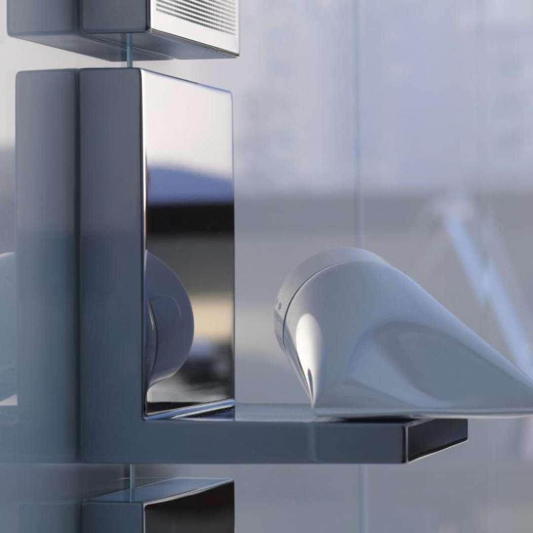 Chrome square shower shelf with two items displayed, mounted on gray tile wall.