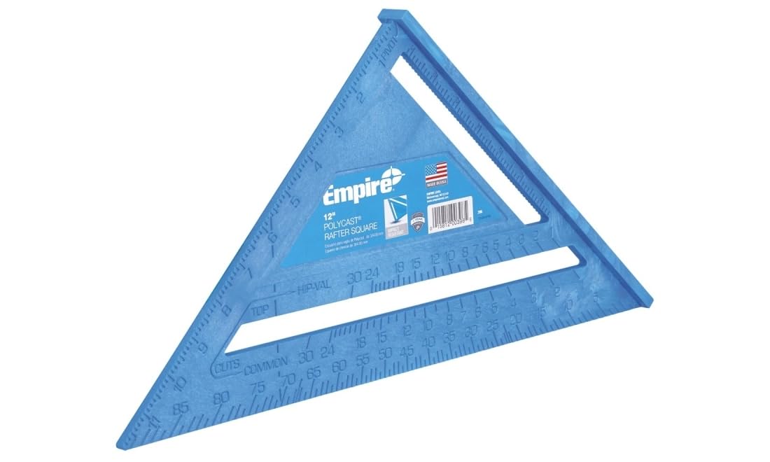 Blue triangular rafter square with measurement markings along edges and white cutout sections.