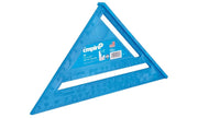 Blue triangular rafter square with measurement markings along edges and white cutout sections.
