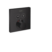 Matte black square shower valve trim with two circular function buttons and a central rotary dial showing 100° temperature ma