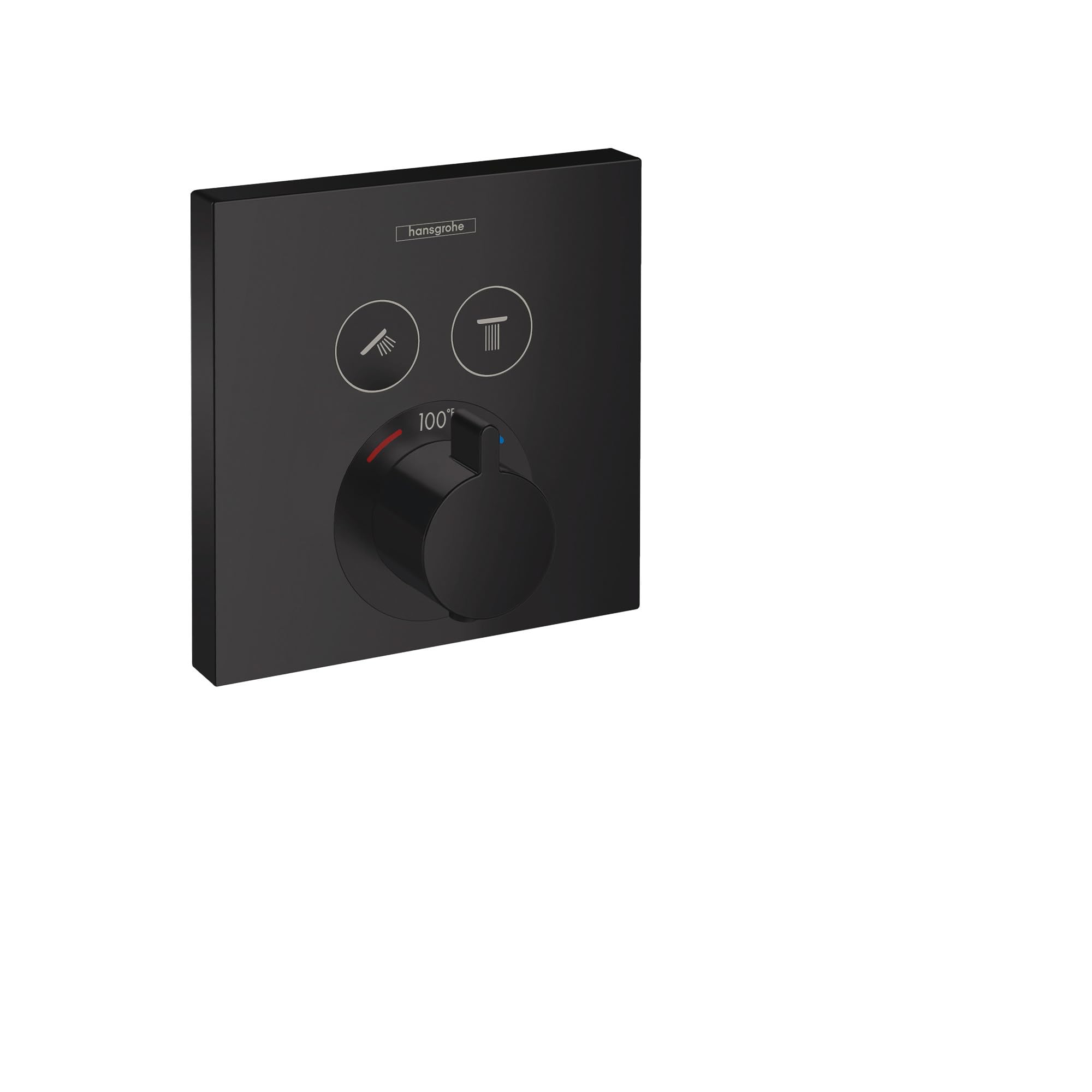 Matte black square shower valve trim with two circular function buttons and a central rotary dial showing 100° temperature ma