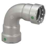 Silver metal 90-degree elbow fitting with press connections on both ends and green indicator dots.