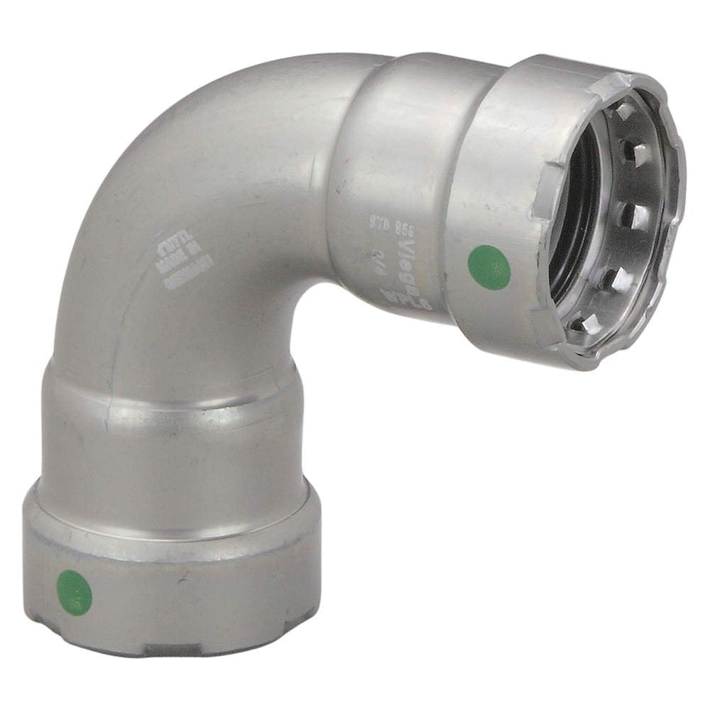 Silver metal 90-degree elbow fitting with press connections on both ends and green indicator dots.