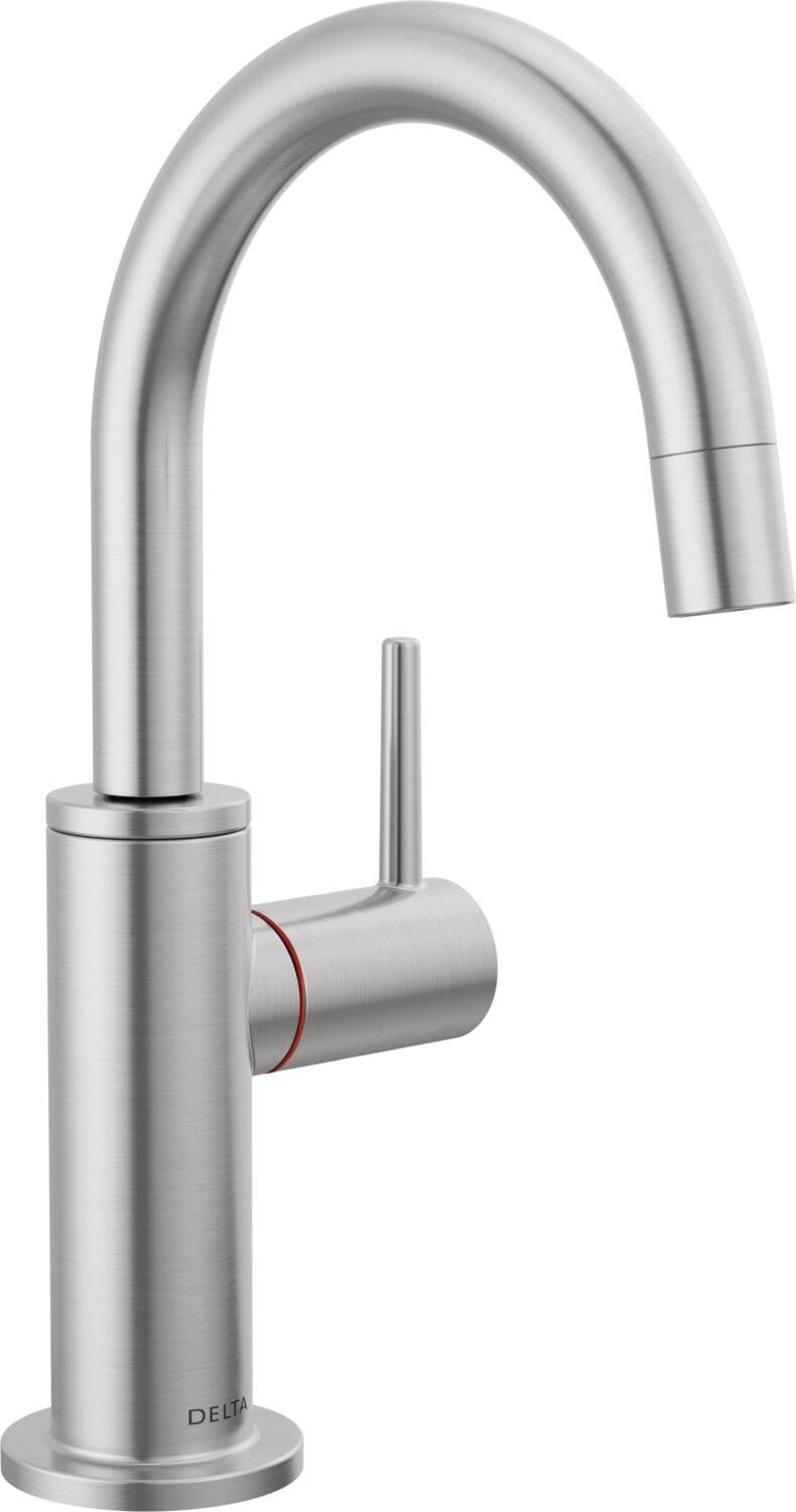 Stainless steel instant hot water dispenser with curved spout and side lever handle.