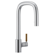 Chrome pulldown kitchen faucet with curved spout and wooden accent handle.