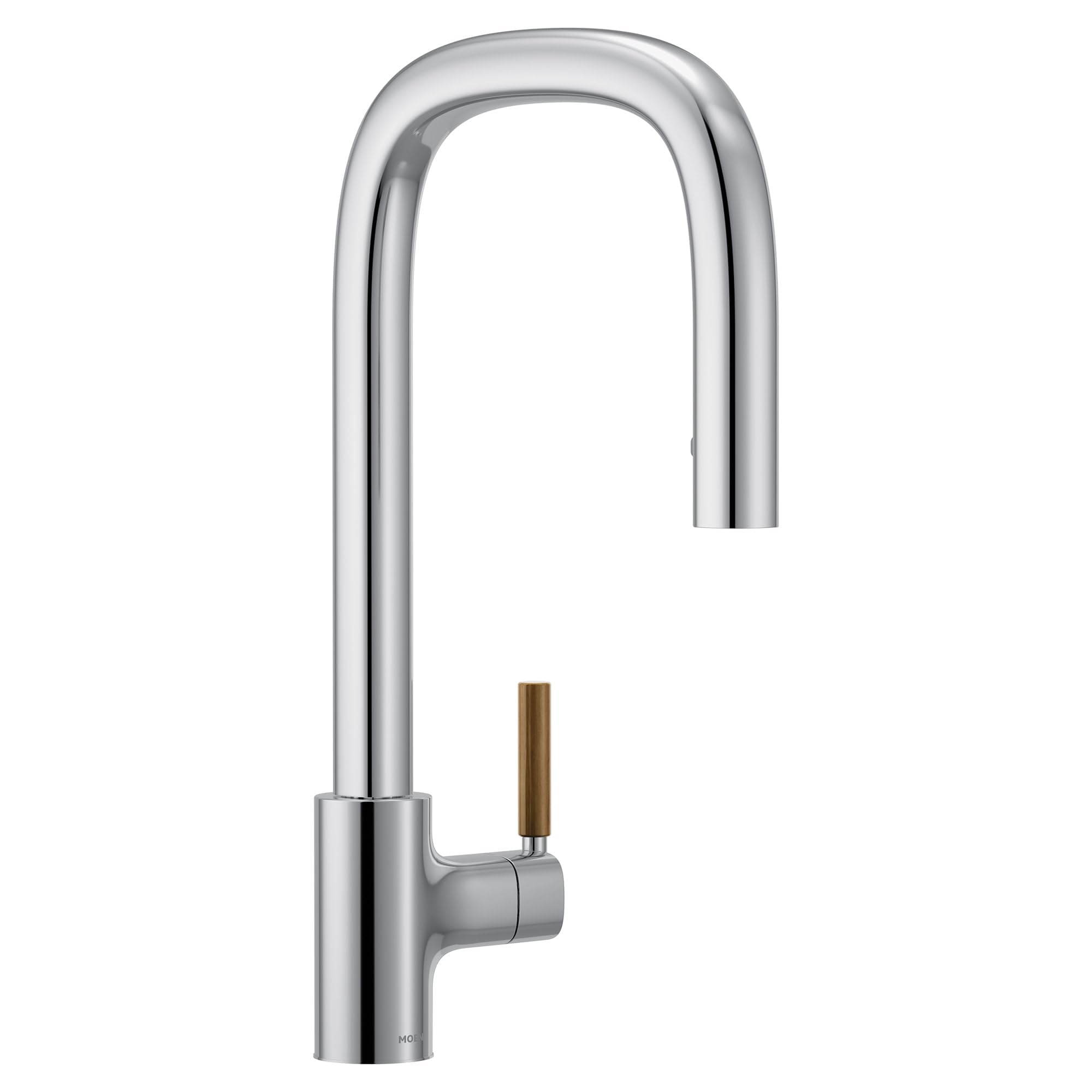 Chrome pulldown kitchen faucet with curved spout and wooden accent handle.