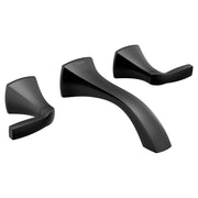 Matte black wall-mounted bathroom faucet trim kit with curved spout and two lever handles.