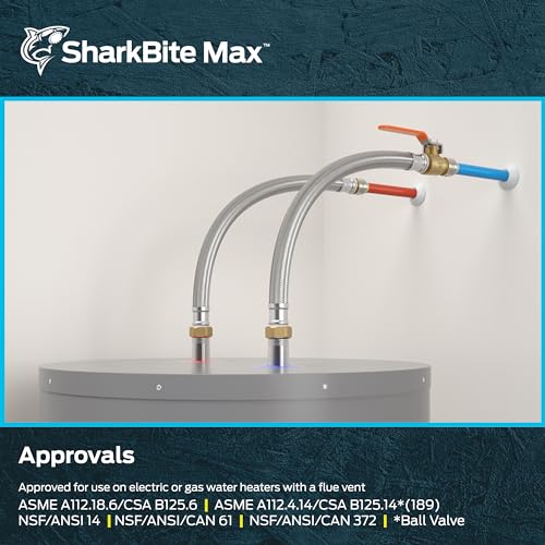 Sharkbite Max braided stainless steel water heater connector with ball valve and color-coded handles installed on tank.