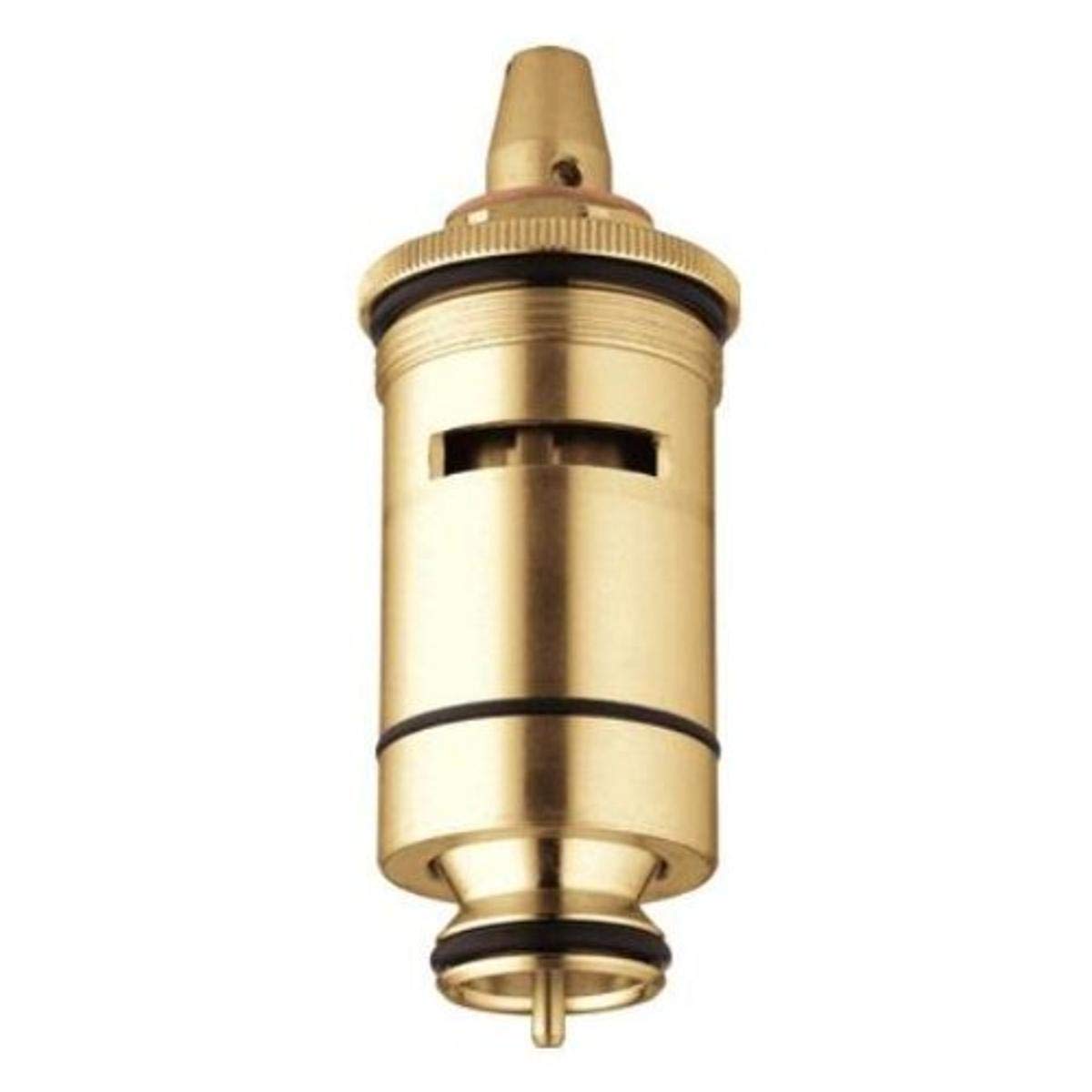 Grohe brass thermostatic cartridge with ribbed collar, black seals, and outlet connection at base.