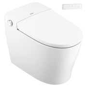 White elongated one-piece bidet toilet with closed lid, side control panel, and wireless remote.