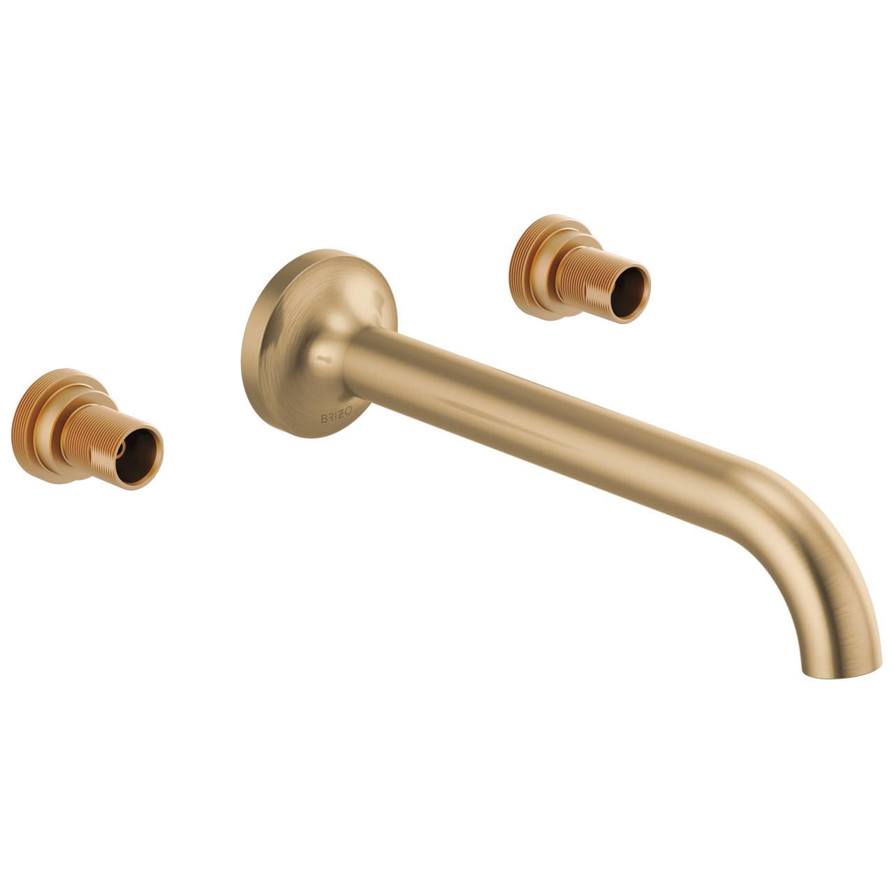 Brushed gold wall-mounted bathroom faucet with curved spout and two cylindrical side outlets.