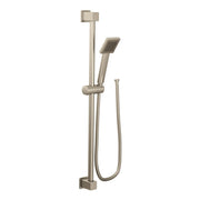 Brushed nickel handheld showerhead with square head, vertical slide bar, adjustable bracket, and coiled metal hose.