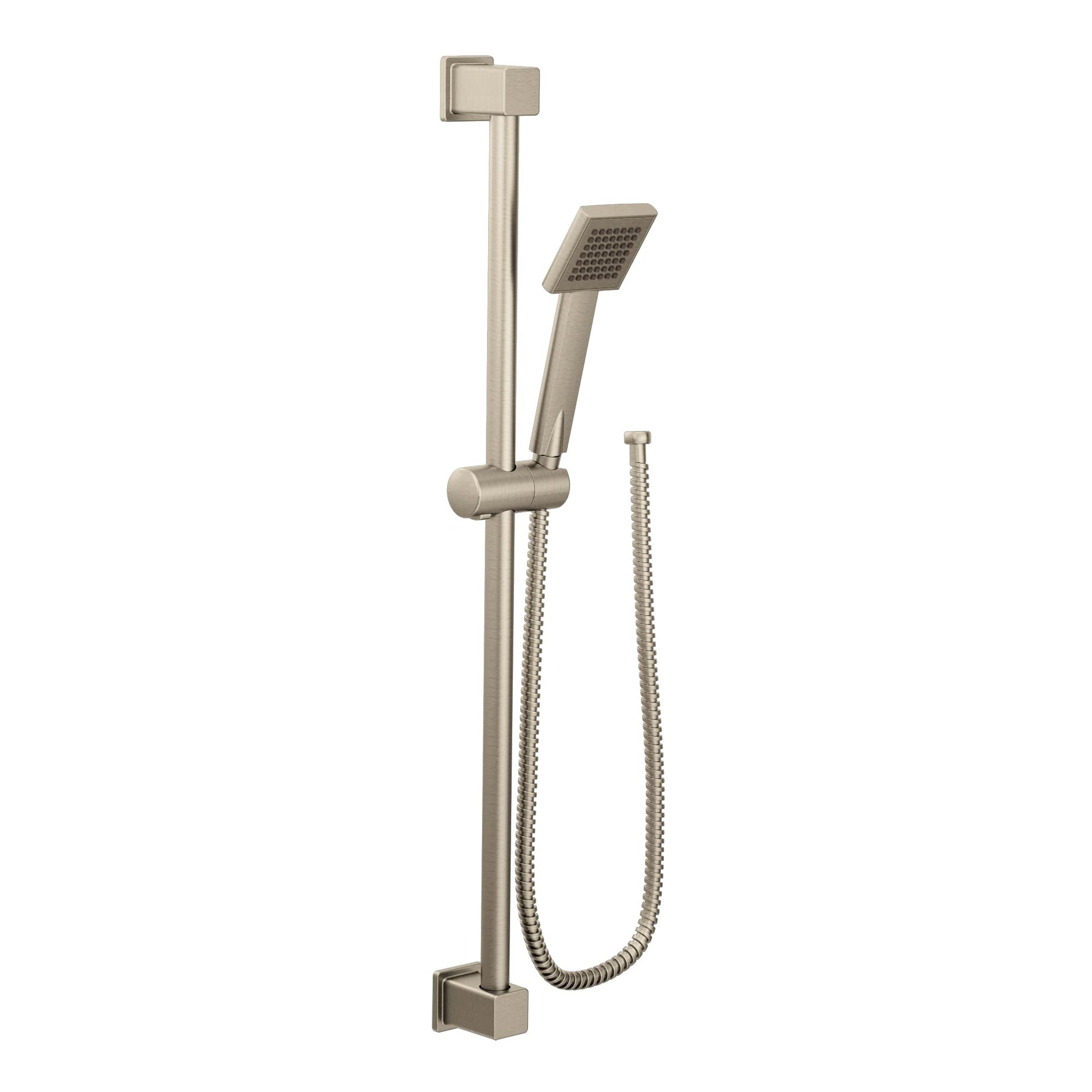 Brushed nickel handheld showerhead with square head, vertical slide bar, adjustable bracket, and coiled metal hose.
