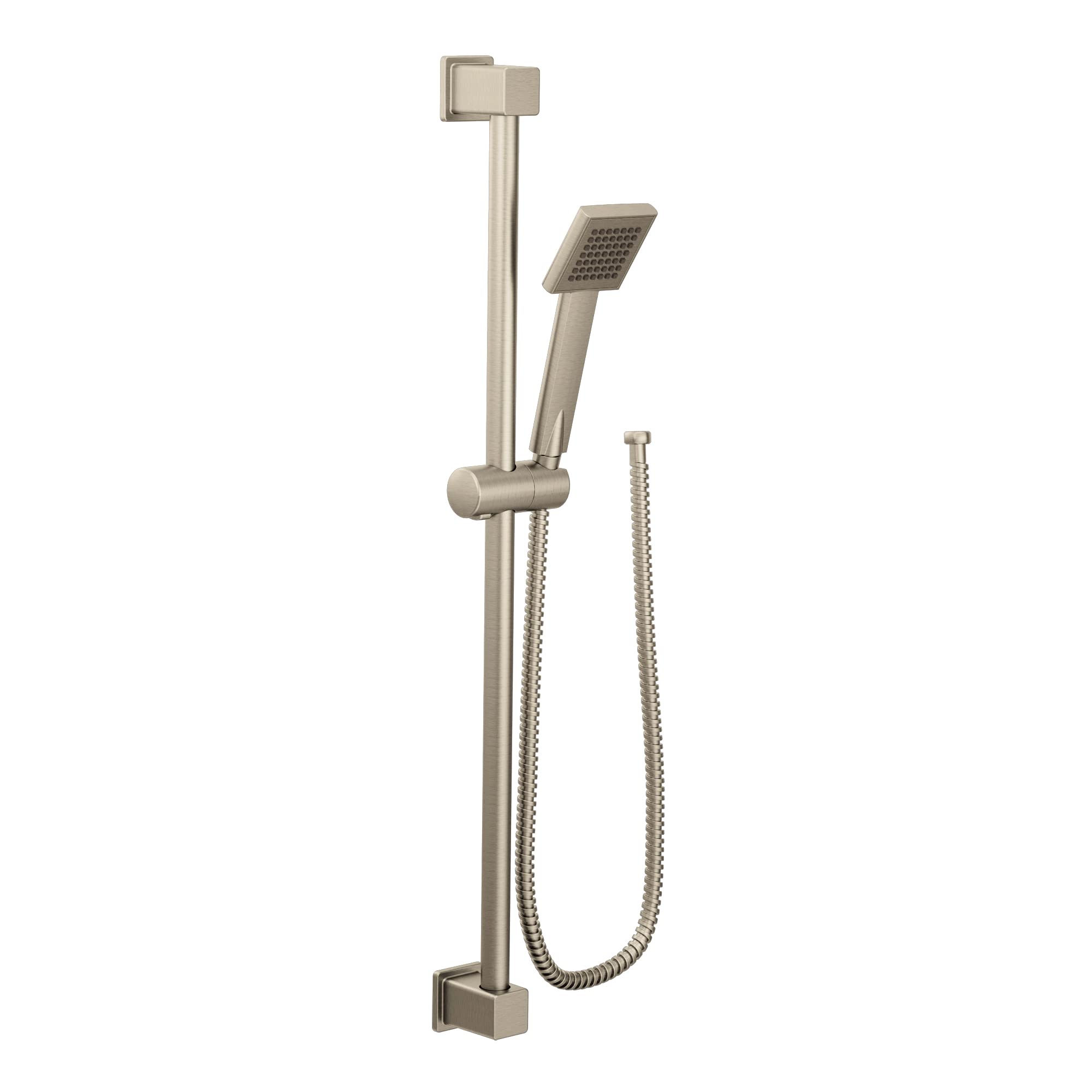 Brushed nickel handheld showerhead with square head, vertical slide bar, adjustable bracket, and coiled metal hose.