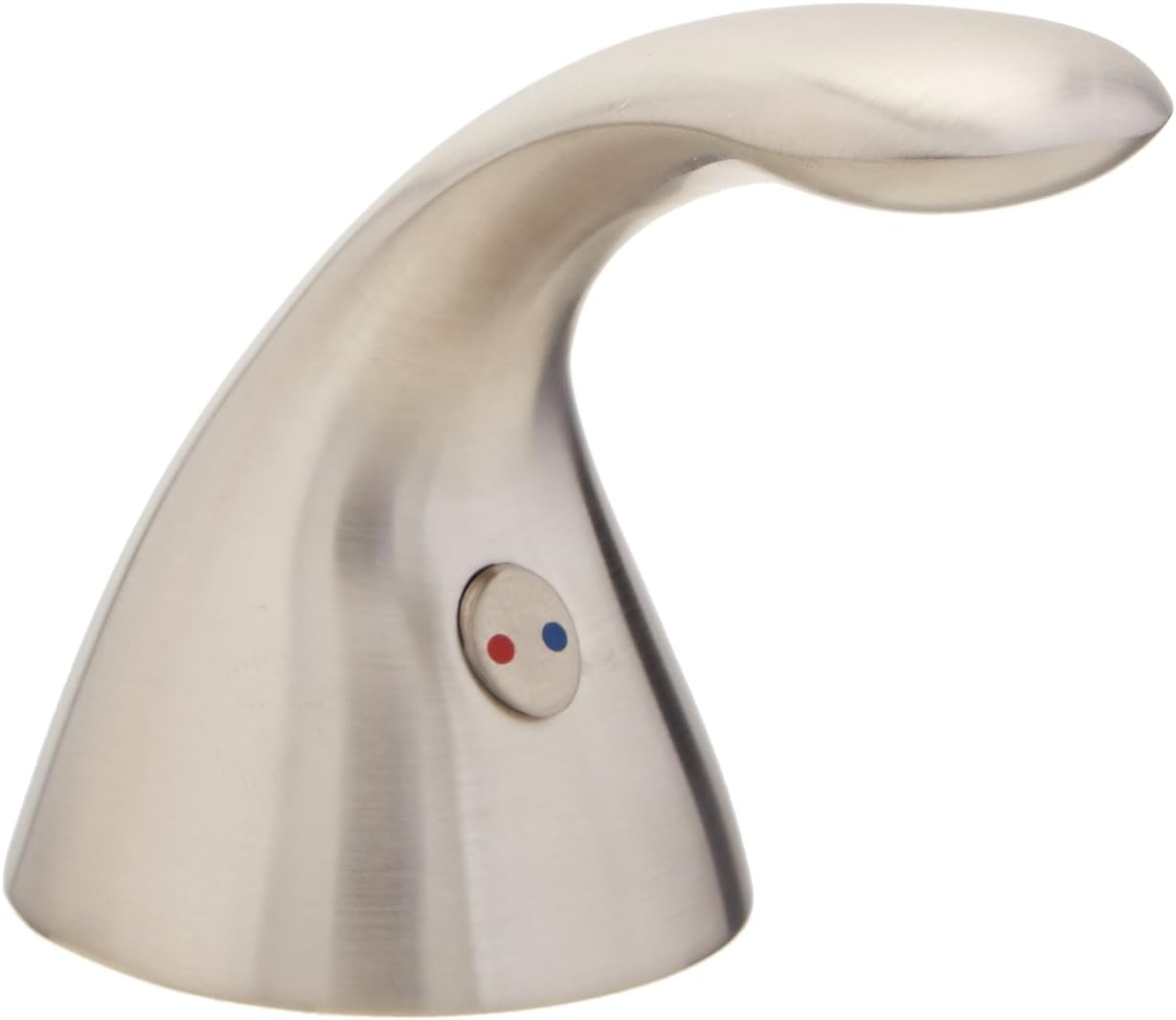 Curved stainless steel lever handle with red and blue indicator dots on conical base.
