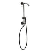 Matte black shower slidebar with adjustable handheld showerhead, wall-mounted hose system, and control handle.