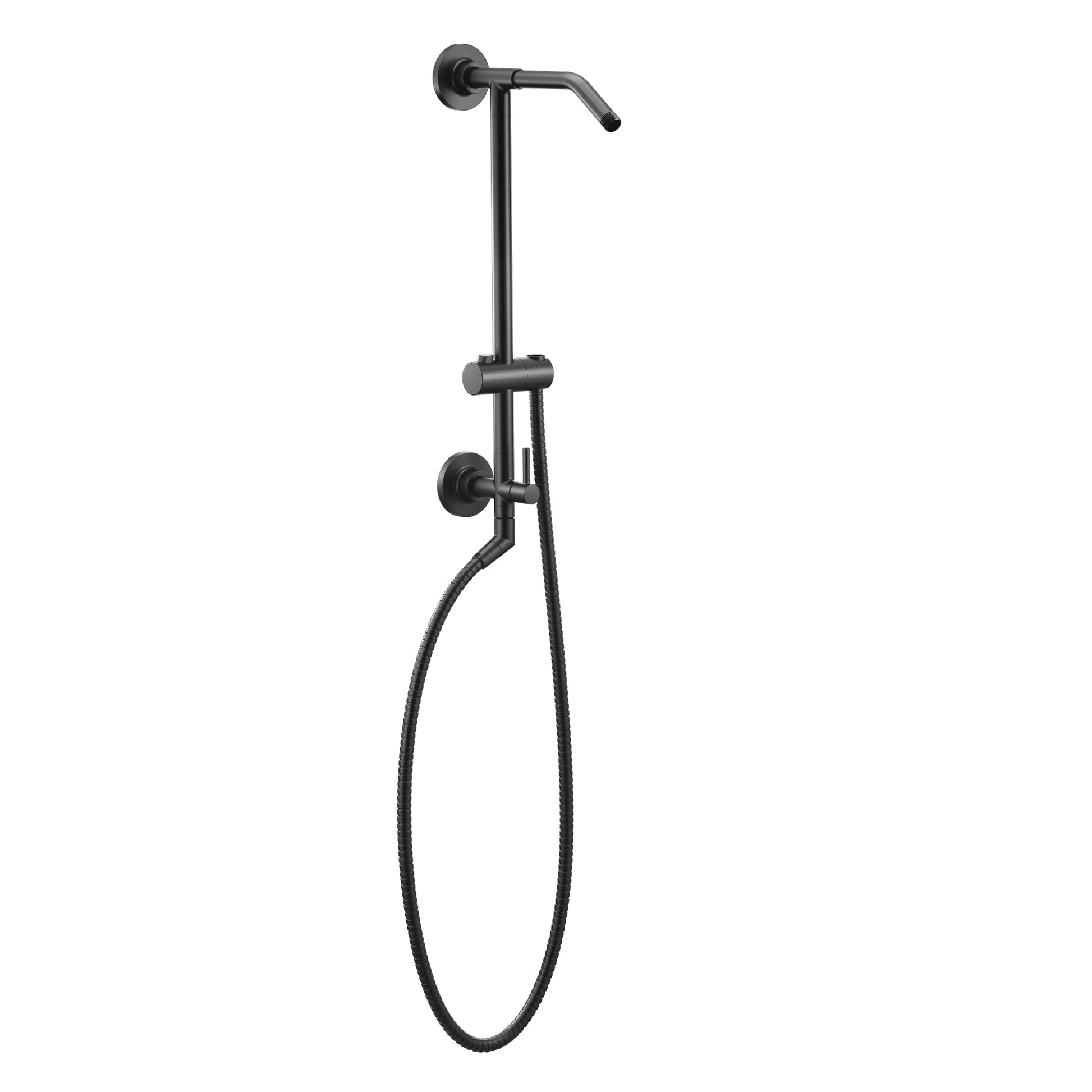Matte black shower slidebar with adjustable handheld showerhead, wall-mounted hose system, and control handle.
