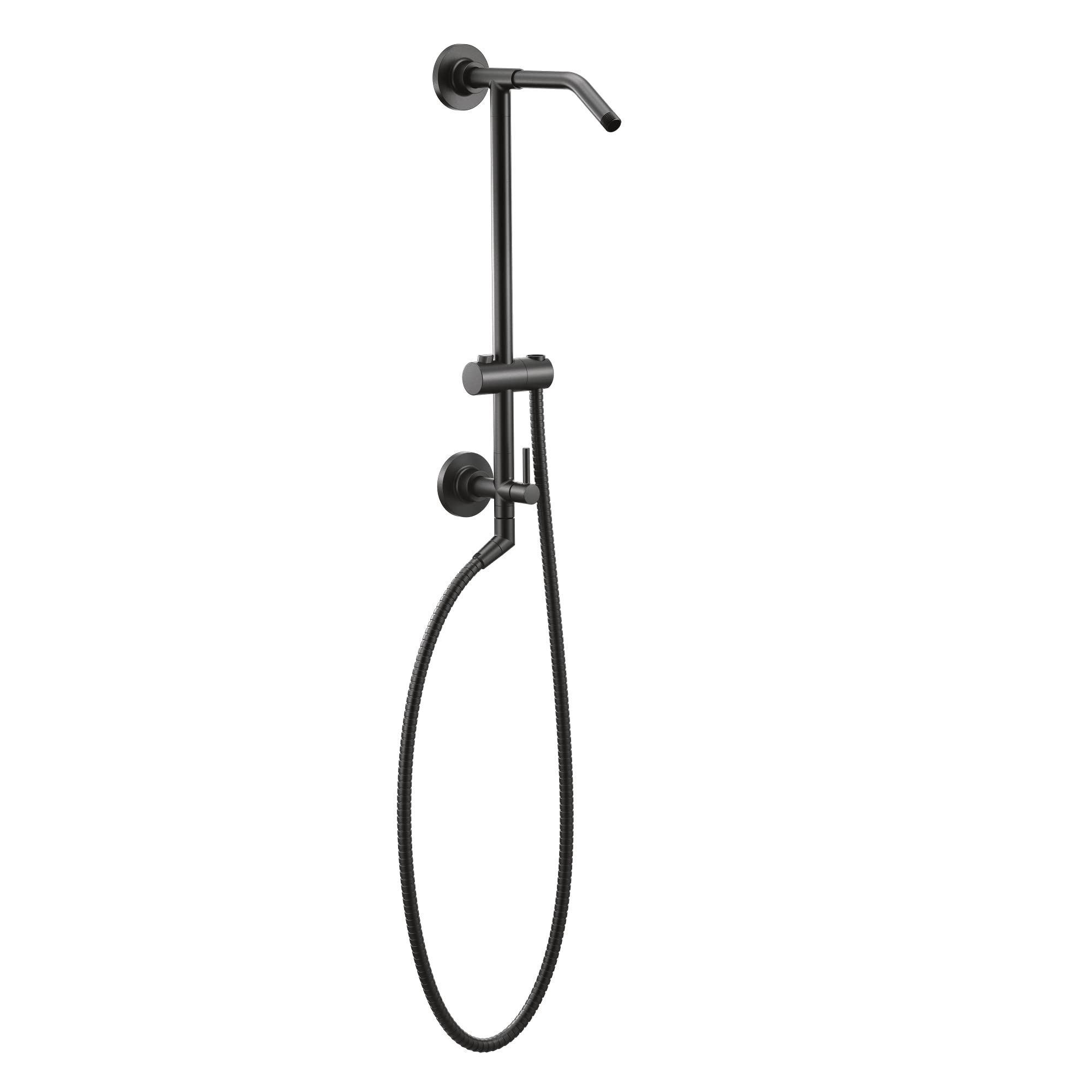 Matte black shower slidebar with adjustable handheld showerhead, wall-mounted hose system, and control handle.