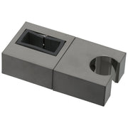 Black stainless steel shower slide bar mechanism with rectangular mounting bracket and circular holder mount.