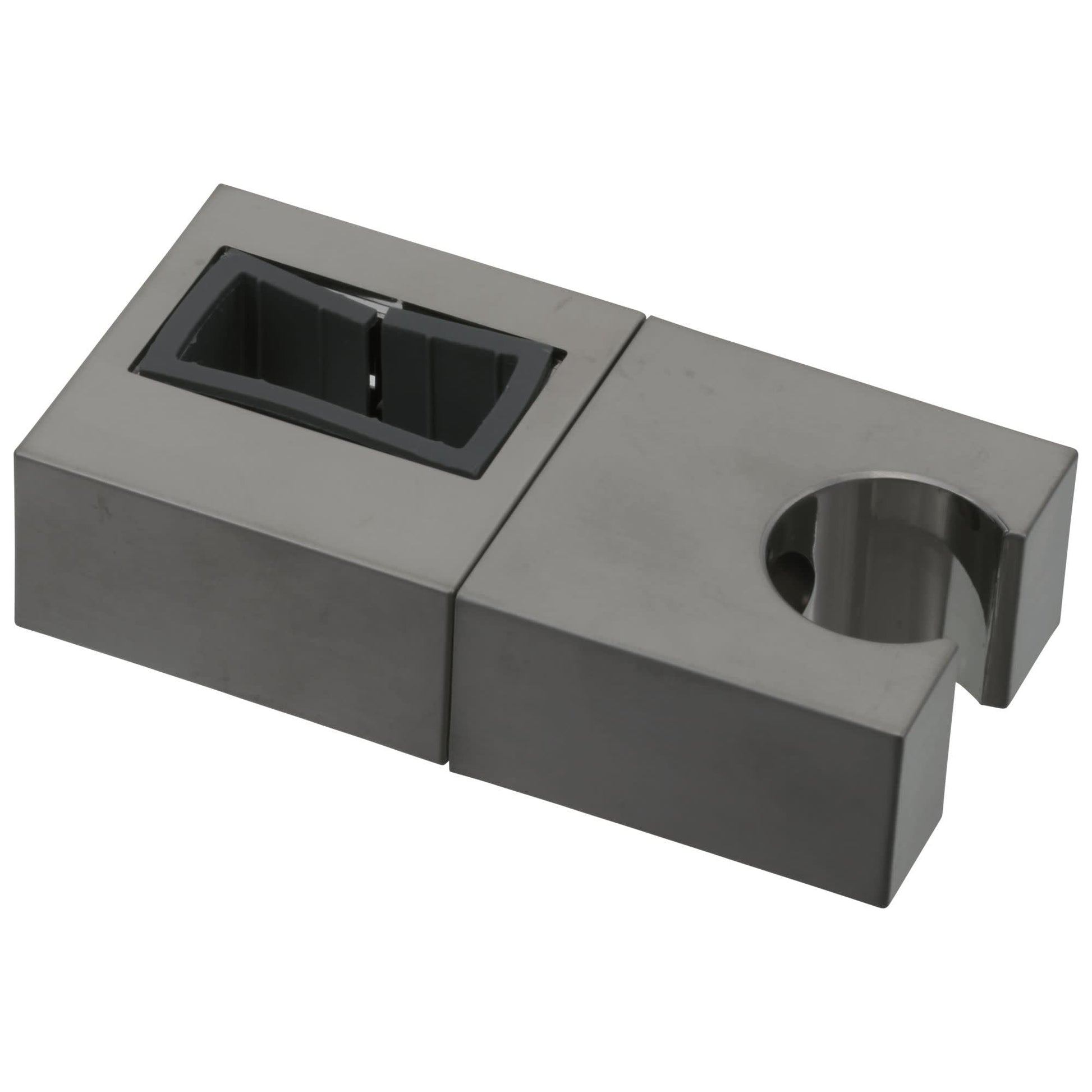 Black stainless steel shower slide bar mechanism with rectangular mounting bracket and circular holder mount.