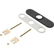 Matte black and white escutcheon plates with mounting hardware and brass fasteners for Delta faucet installation.