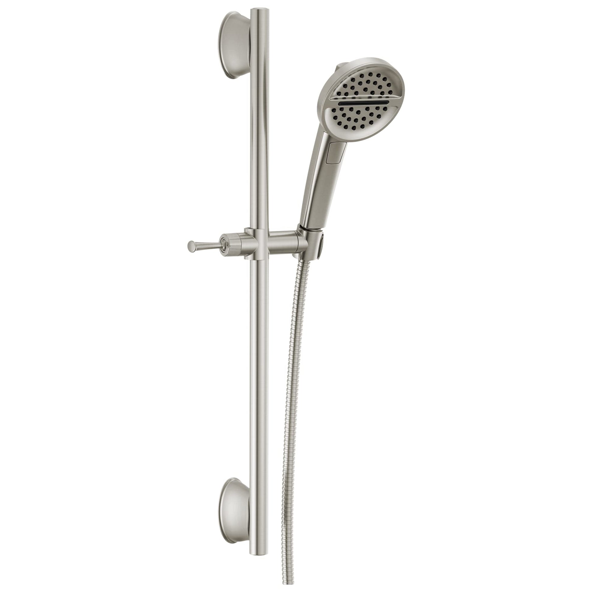 Brushed nickel slide bar handshower system with round showerhead, adjustable holder, hose, and wall mounts.