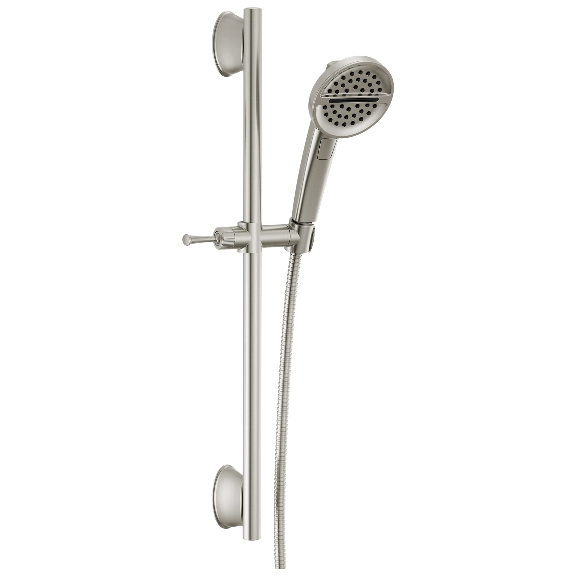 Brushed nickel slide bar handshower system with round showerhead, adjustable holder, hose, and wall mounts.