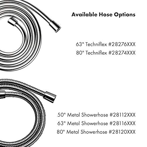 Two coiled shower hoses shown: smooth plastic Techniflex hose and braided metal showerhouse hose in various lengths.