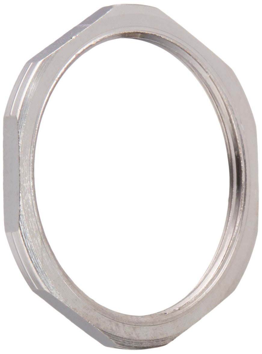 Two metallic hexagonal locknuts with a polished finish on a white background.