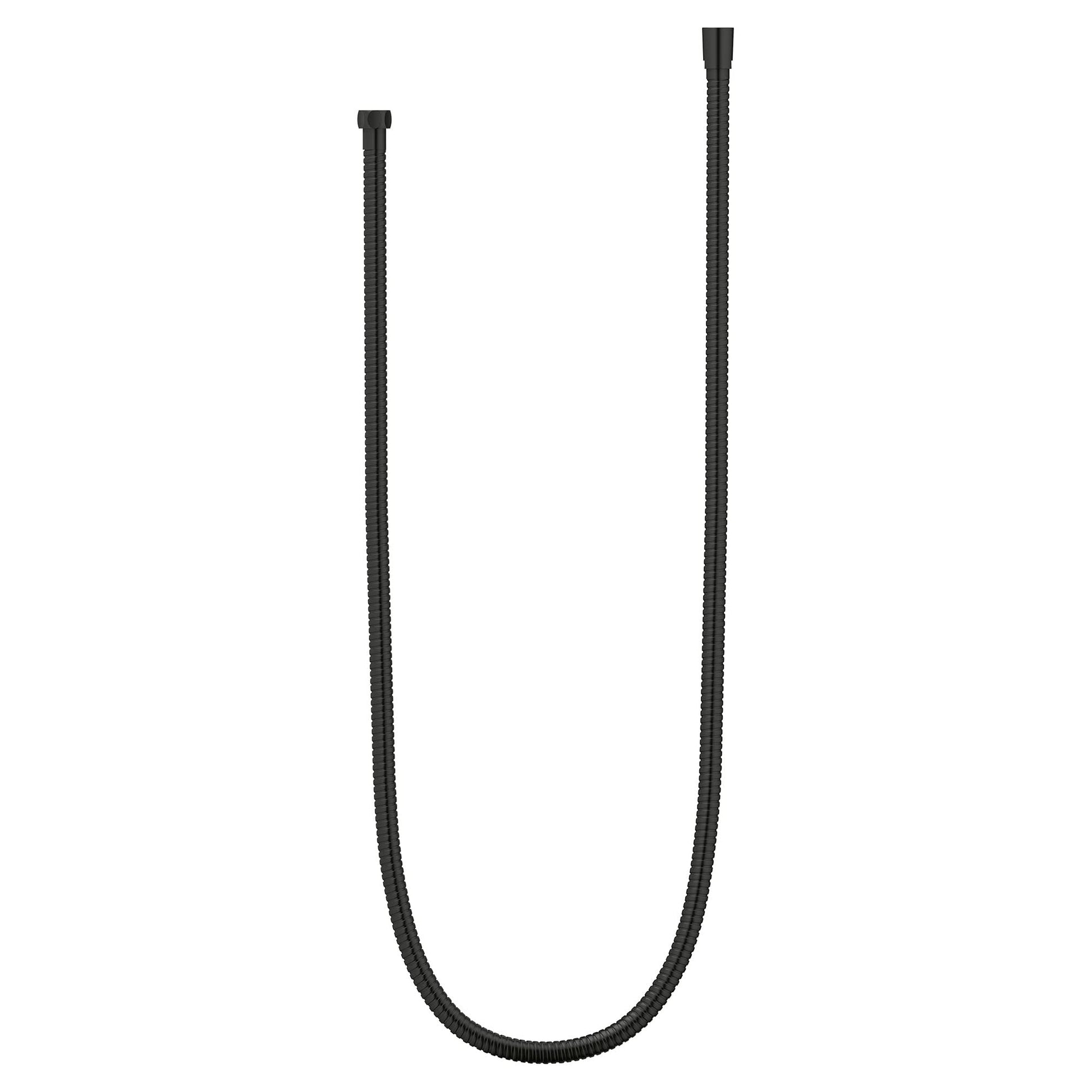 Matte black metal shower hose with twist-free design and connector fittings at both ends.