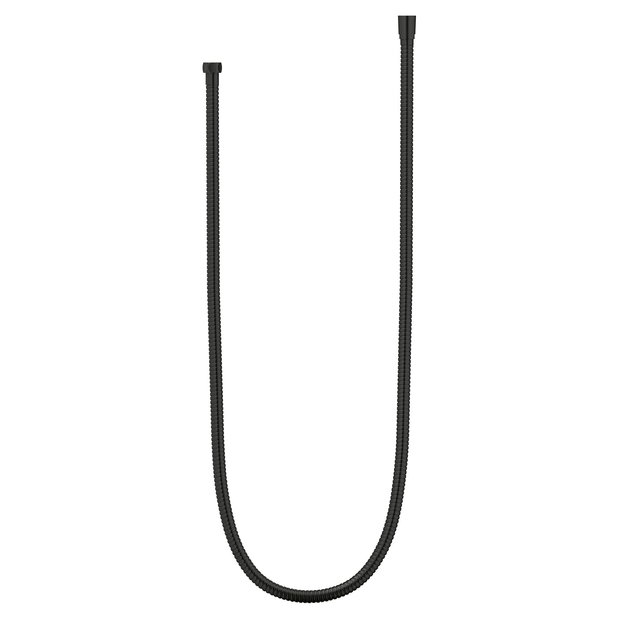 Matte black metal shower hose with twist-free design and connector fittings at both ends.
