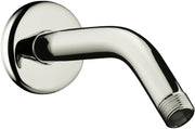 Polished nickel shower arm with circular wall flange and angled spout with threaded outlet.