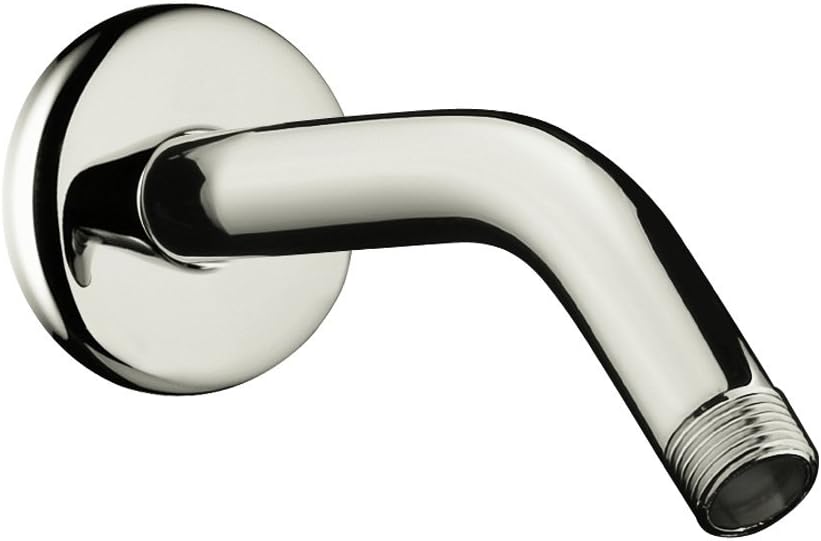 Polished nickel shower arm with circular wall flange and angled spout with threaded outlet.