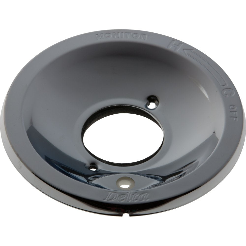 Chrome finish round escutcheon plate with central oval opening and mounting holes.