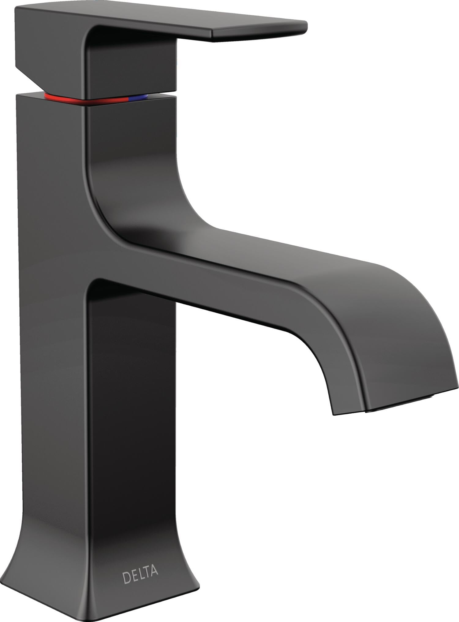 Matte black single-handle bathroom faucet with curved spout and rectangular base featuring red and blue indicator marks.
