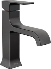 Matte black single-handle bathroom faucet with curved spout and rectangular base featuring red and blue indicator marks.