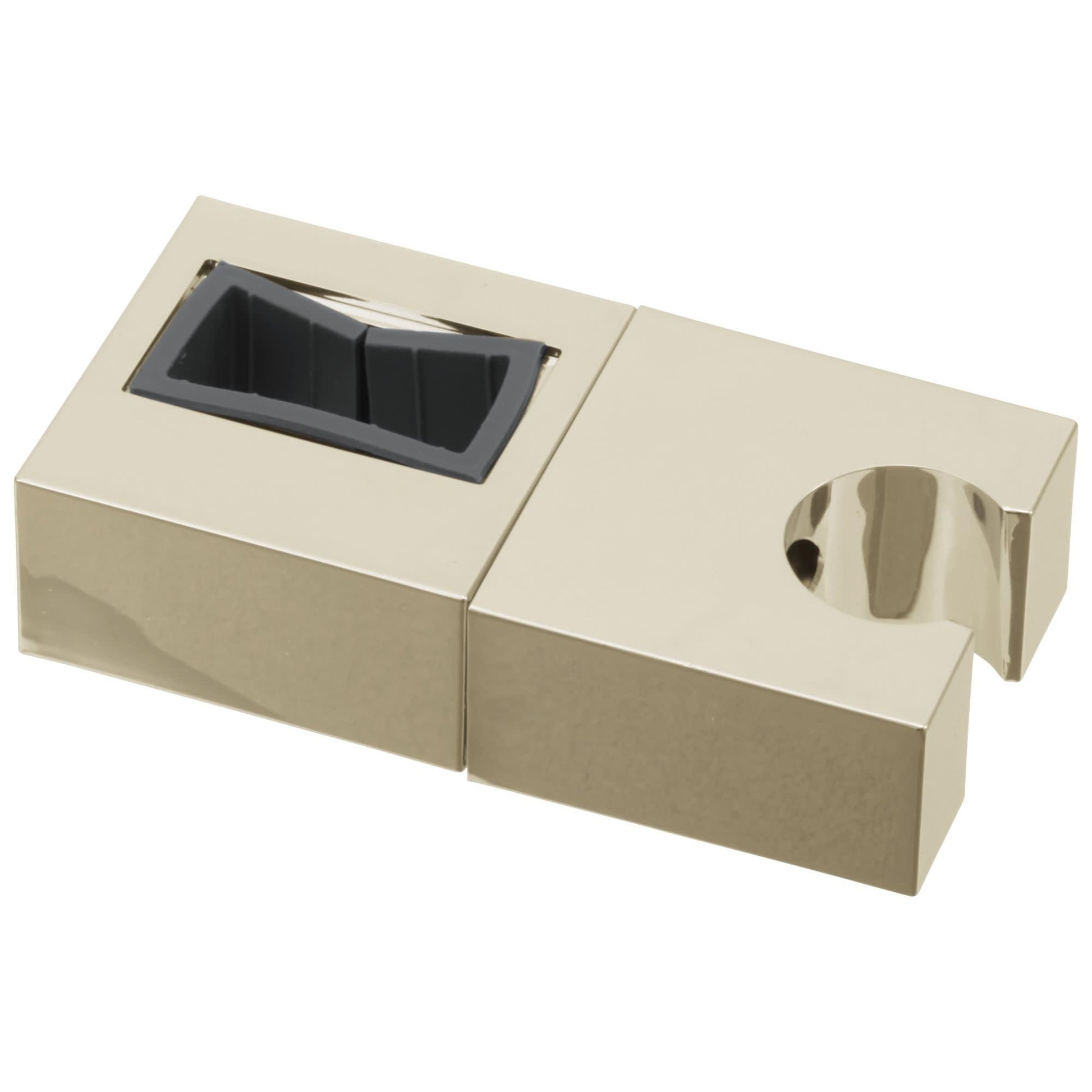 Polished nickel slide bar mechanism with mounting bracket and rectangular holder on cream-colored base.