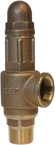 Bronze pressure relief valve with rounded top, threaded inlet port on bottom and side outlet connection.