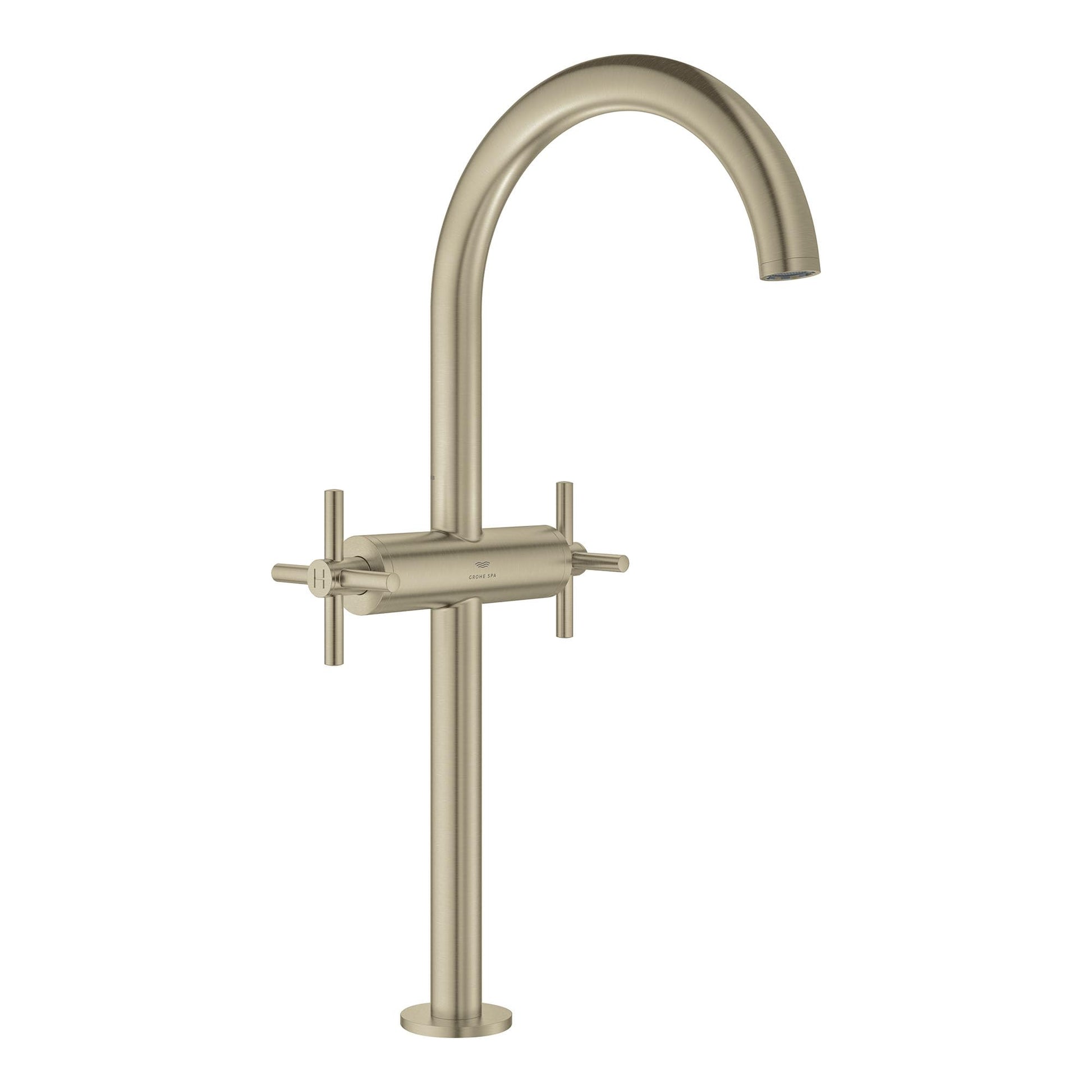 Brushed nickel bathroom faucet with curved spout and two cross handles on single base.