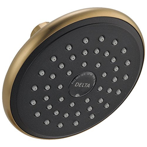 Champagne bronze and matte black raincan shower head with multiple spray jets and Delta logo.