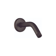 Rubbed bronze curved shower arm with circular wall flange and threaded connection end.