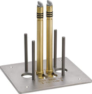 Floor mount tub filler rough-in valve with two brass stems, gray spouts, and stainless steel mounting plate with bolts.