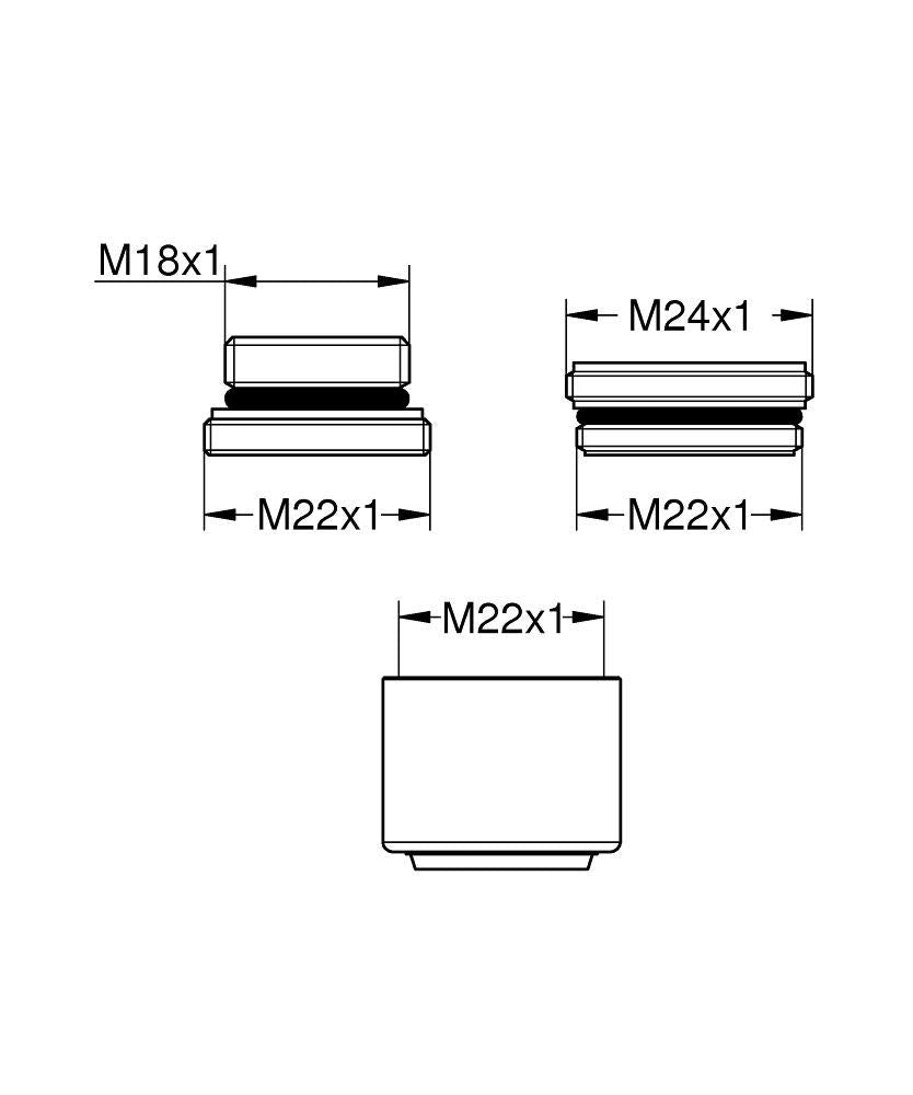 Technical diagram showing three chrome flow control components with threaded connection specifications labeled M18x1, M22x1, 