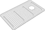 Stainless steel wire sink grid with rectangular shape and circular drain opening.