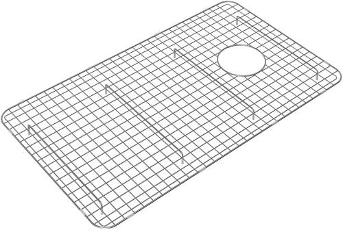 Stainless steel wire sink grid with rectangular shape and circular drain opening.
