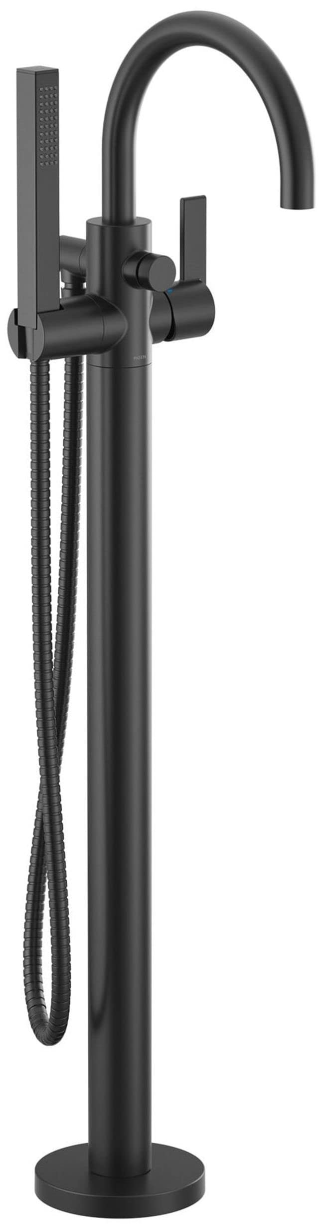 Matte black freestanding floor mount tub filler with curved spout, single handle, and detachable hand shower on hose.